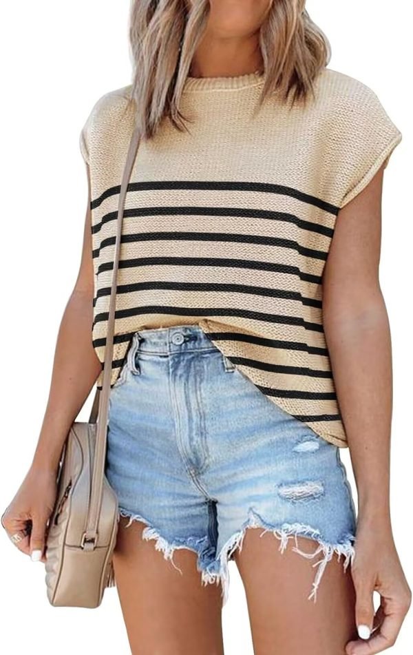 Womens Cap Sleeve Sweater Vest Summer Tops Sleeveless Tank Tops 2024 Trendy Spring Clothes Striped Short Sleeve Shirts