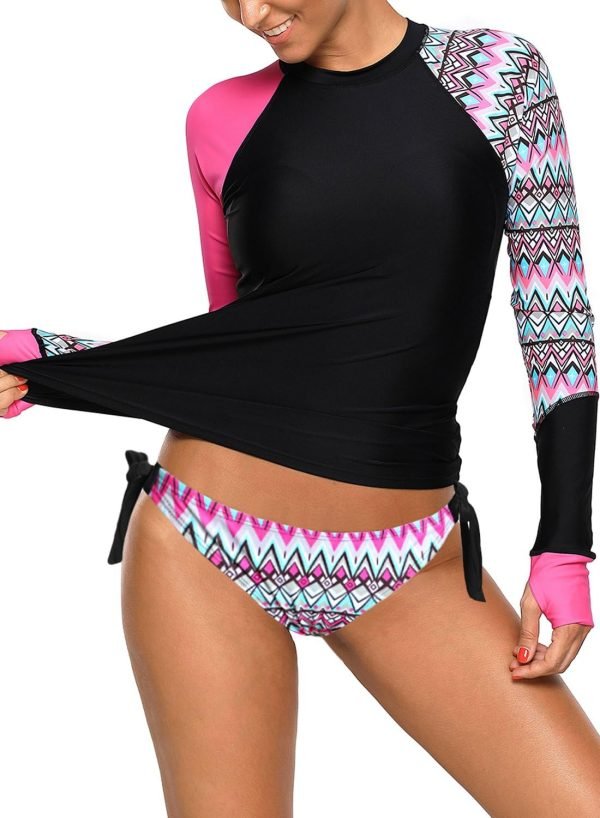 71ZZ9RSh3jL._AC_SL1500 Women's Long Sleeves Rash Guard Athletic Swim Aztec Tankini Sets Swimsuit