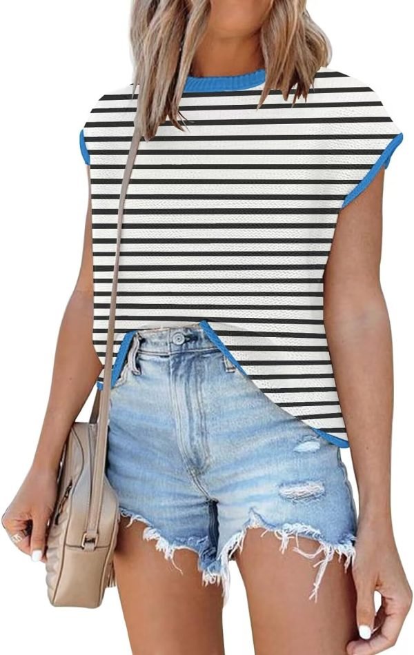 Womens Cap Sleeve Sweater Vest Summer Tops Sleeveless Tank Tops 2024 Trendy Spring Clothes Striped Short Sleeve Shirts