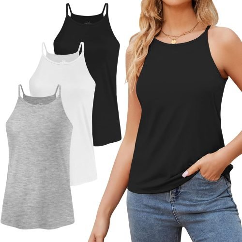 71aNKml0XkL._AC_SL1500 High Neck Tank Top for Women Camisole Trendy Sleeveless Shirts Loose Fit Cami Tanks 3 Pack