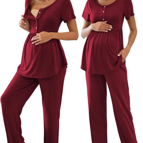 71c7H9vCpBL._AC_SL1500 Women's Maternity Nursing Pajama Set Breastfeeding Loungewear Mama Clothes Short Sleeve Top & Pants Pregnancy PJS