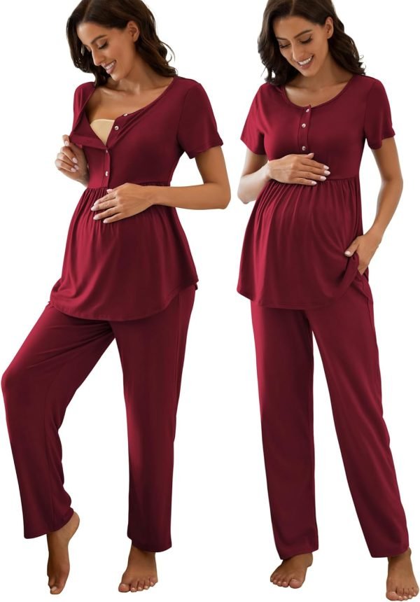 Women's Maternity Nursing Pajama Set Breastfeeding Loungewear Mama Clothes Short Sleeve Top & Pants Pregnancy PJS
