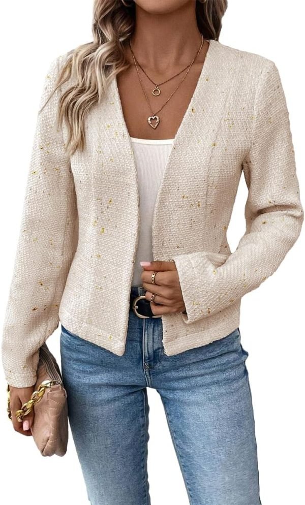 71d0VlSuvvL._AC_SL1200 2024 Summer Cropped Collarless Blazer Lightweight Fully Lined Open Front Elegant Petite Work Office Jackets
