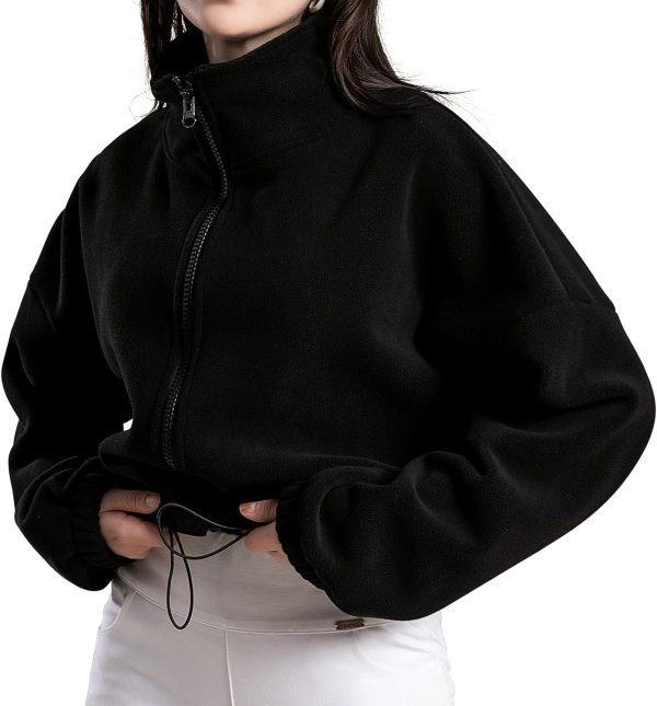 71e3b_wUgkL._AC_SL1500 Women's Full Zip Fleece Short Jacket Oversized Athletic Running Long Sleeve Stand Collar Crop Warm Sherpa Coat