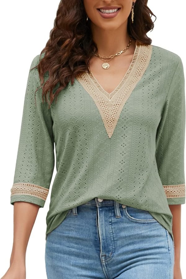 Women's Casual 3/4 Sleeve Shirts Lace V Neck Color Block Dressy Tops Trendy Hollow Floral Blouses T Shirts S-XXL