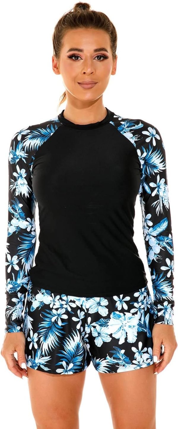 71fIJLP_tIL._AC_SL1500 Women 2 Piece Rash Guard Long Sleeve Swimsuits Swim Shirt with Shorts Set Sun Protection UPF 50+ Surf Bathing Suits