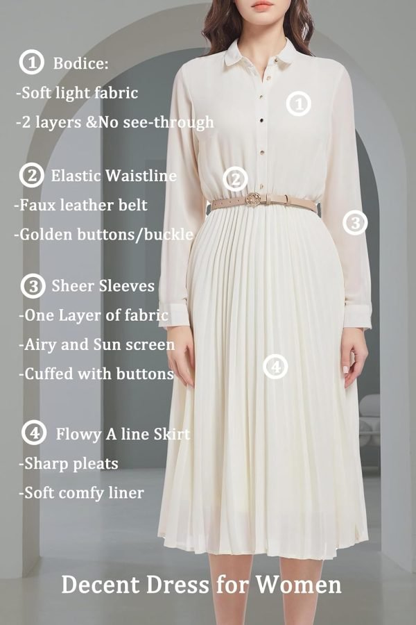 71g-QGQH2UL._AC_SL1500 Business Casual Shirt Dress for Women Long Sleeves Pleated Midi Dresses with Belt