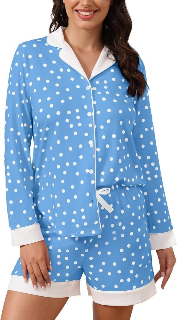 71gAt83KOiL._AC_SL1500 Button Down Pajamas Sets Women Two-Piece Satin Silk Pjs Sets Loungewear Long Sleeve Sleepwear Shorts Nightwear Sets