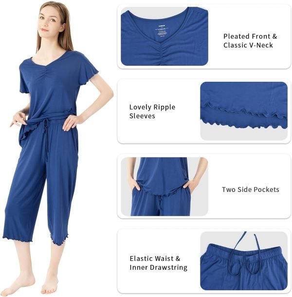 71gMFlTE8WL._AC_SL1500 Soft Bamboo Viscose Pajamas Set for Women Summer Sleepwear Pjs Comfy Short Sleeve Tops Capri Pants Sets