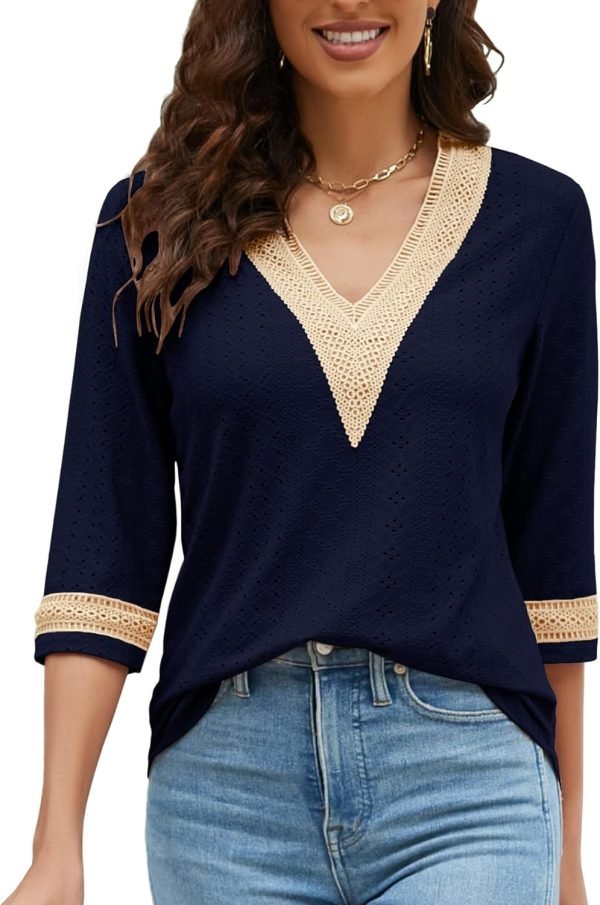 Women's Casual 3/4 Sleeve Shirts Lace V Neck Color Block Dressy Tops Trendy Hollow Floral Blouses T Shirts S-XXL