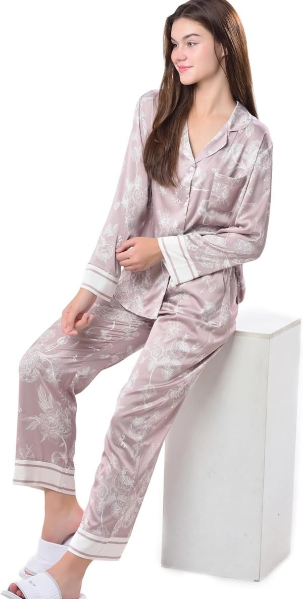 71hyxb0peQL._AC_SL1500 Women's Silky Satin Pajamas Set Long sleeve and Pants Sleepwear Soft and Comfy Button Down Loungewear Relaxed Fit