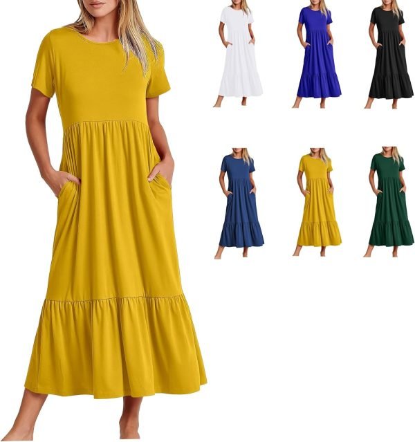 Womens Summer Dresses Casual Short Sleeve Crewneck Swing Dress Casual Tiered t Shirt Dress with Pockets 2024 Trendy Outfits