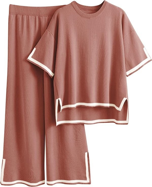 71jAR4MZWrL._AC_SL1500 Womens Knit 2 Piece Sweater Sets Short Sleeve Pullover Tops Elastic Waist Wide Leg Pants Lounge Set