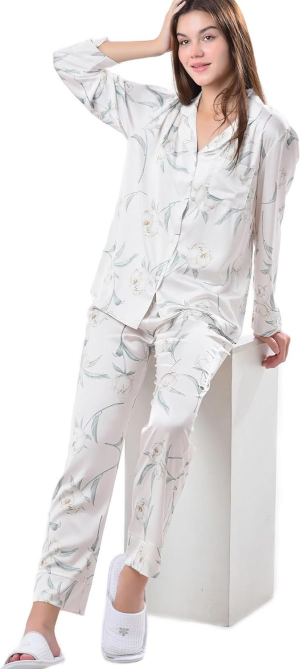 71jh64szvAL._AC_SL1500 Women's Silky Satin Pajamas Set Long sleeve and Pants Sleepwear Soft and Comfy Button Down Loungewear Relaxed Fit