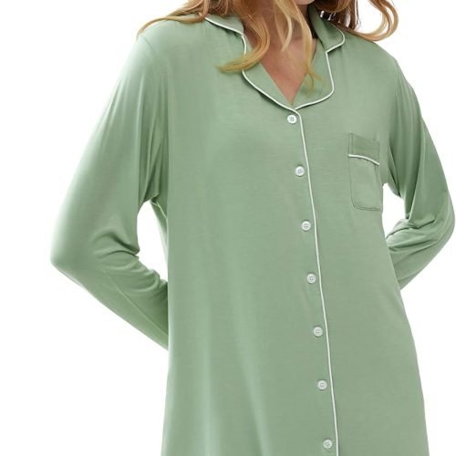 71jtAR5D38L._AC_SL1500 Womens Bamboo Viscose Sleep Shirt Long Sleeve Button Down Nightgowns Boyfriend Nightshirt S-XXL