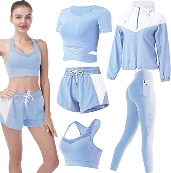 71kURL-SZaL._AC_SL1500 Workout Sets for Women 5 PCS Yoga Outfits Activewear Tracksuit Sets