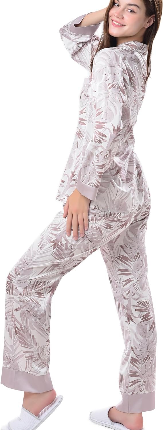 71kdidp-ysL._AC_SL1500 Women's Silky Satin Pajamas Set Long sleeve and Pants Sleepwear Soft and Comfy Button Down Loungewear Relaxed Fit