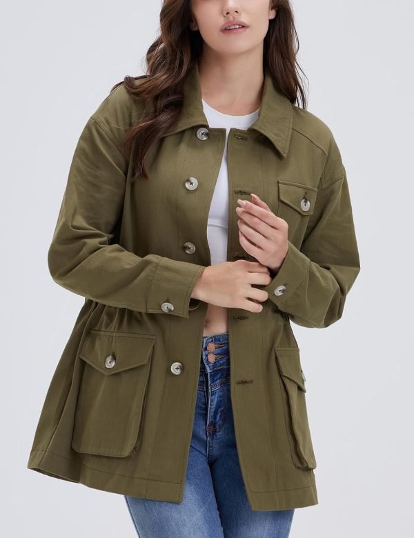 71l_cjNhWmL._AC_SL1500 Women's Military Jacket Lightweight Button Up Utility Drawstring Waist Anorak Coat with Pockets