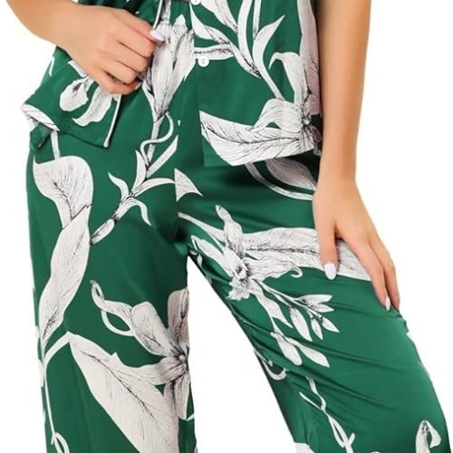 71m0yDtnqYL._AC_SL1500 Womens Satin Floral Sleepwear Short Sleeves Button Down Tops with Pants Lounge Pajamas Sets