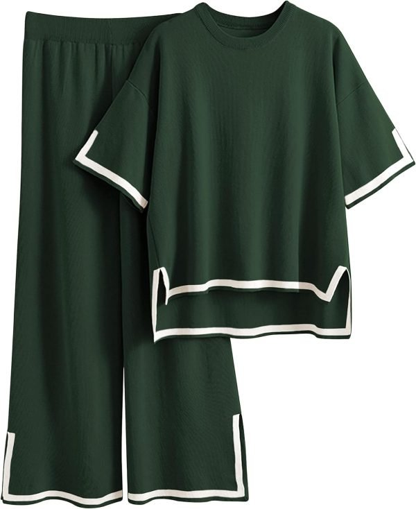 71m_4fjq6DL._AC_SL1500 Womens Knit 2 Piece Sweater Sets Short Sleeve Pullover Tops Elastic Waist Wide Leg Pants Lounge Set