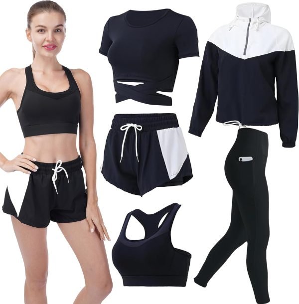 71nnWeBnWUL._AC_SL1500 Workout Sets for Women 5 PCS Yoga Outfits Activewear Tracksuit Sets