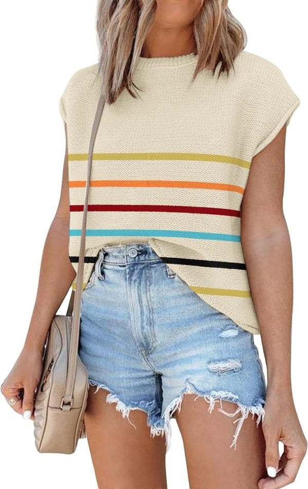 Womens Cap Sleeve Sweater Vest Summer Tops Sleeveless Tank Tops 2024 Trendy Spring Clothes Striped Short Sleeve Shirts