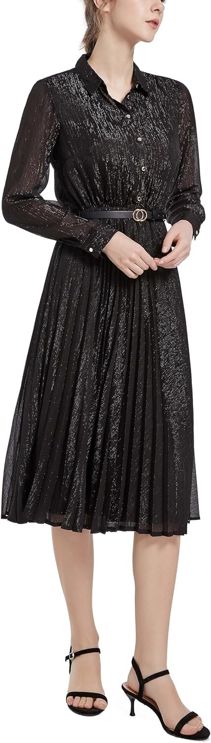 71og2iH-AOL._AC_SL1500 Business Casual Shirt Dress for Women Long Sleeves Pleated Midi Dresses with Belt