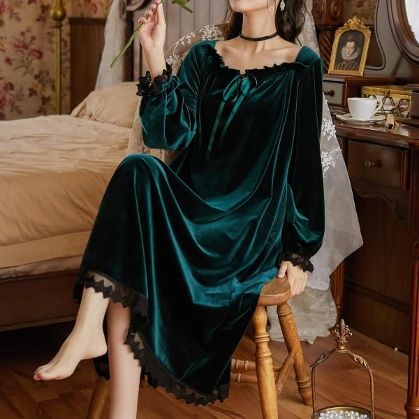 71rdQqVN-oL._AC_SL1500 Women's Long Sleeve Nightgown Velvet Sleep Dress Ruffle Crew Neck Mid-length Nightdress