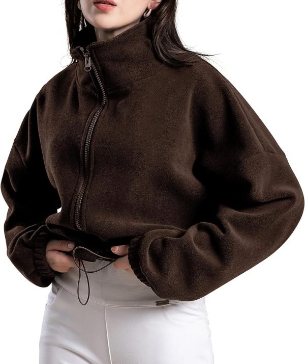 71rhRpcuLkL._AC_SL1500 Women's Full Zip Fleece Short Jacket Oversized Athletic Running Long Sleeve Stand Collar Crop Warm Sherpa Coat