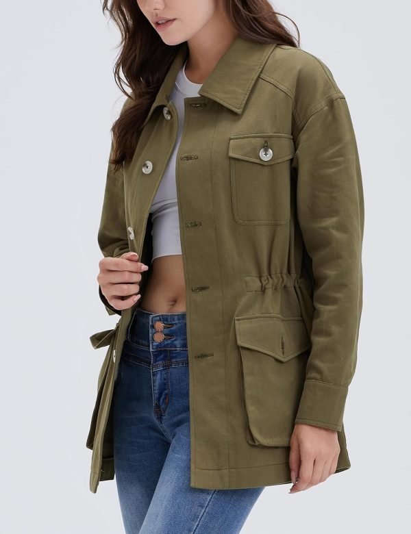 71tGmtcIzkL._AC_SL1500 Women's Military Jacket Lightweight Button Up Utility Drawstring Waist Anorak Coat with Pockets
