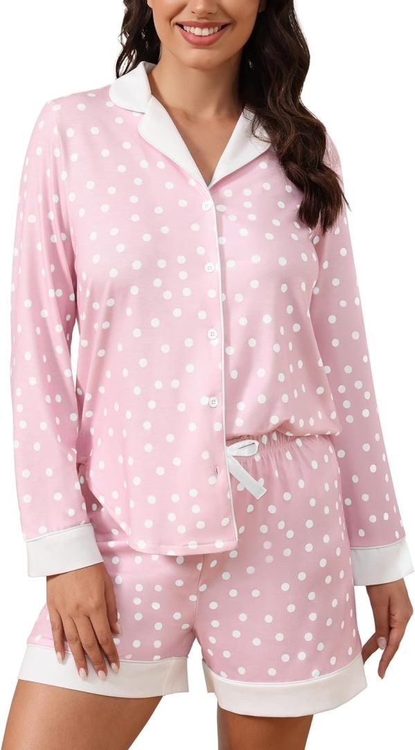 71tY8P-7eUL._AC_SL1500 Button Down Pajamas Sets Women Two-Piece Satin Silk Pjs Sets Loungewear Long Sleeve Sleepwear Shorts Nightwear Sets