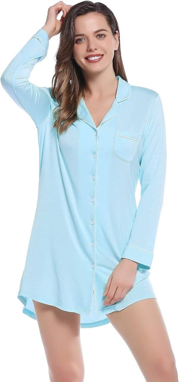 Womens Bamboo Viscose Sleep Shirt Long Sleeve Button Down Nightgowns Boyfriend Nightshirt S-XXL