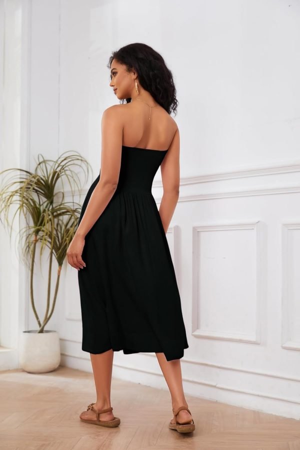 Women Off Shoulder Midi Dress Strapless Sleeveless Drop-Waist A Line Tube Dress Trendy Summer Swing Patchwork Dress