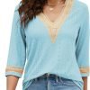 Women's Casual 3/4 Sleeve Shirts Lace V Neck Color Block Dressy Tops Trendy Hollow Floral Blouses T Shirts S-XXL