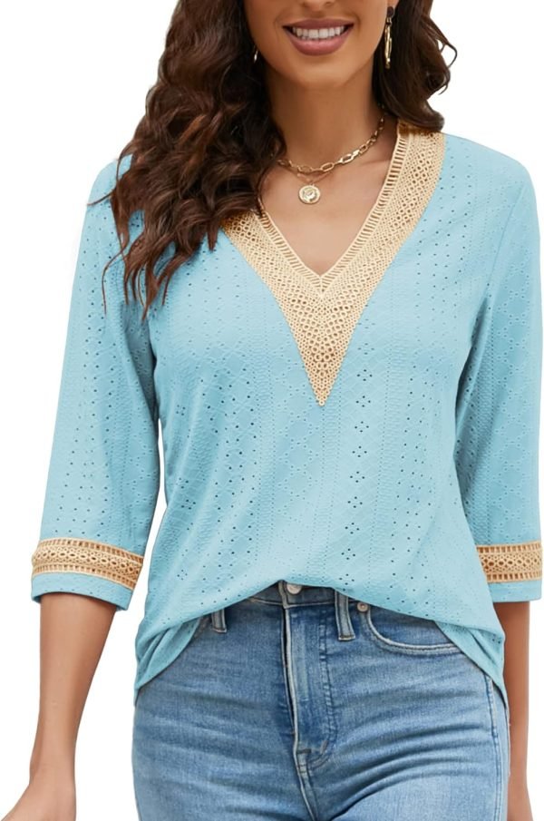 Women's Casual 3/4 Sleeve Shirts Lace V Neck Color Block Dressy Tops Trendy Hollow Floral Blouses T Shirts S-XXL