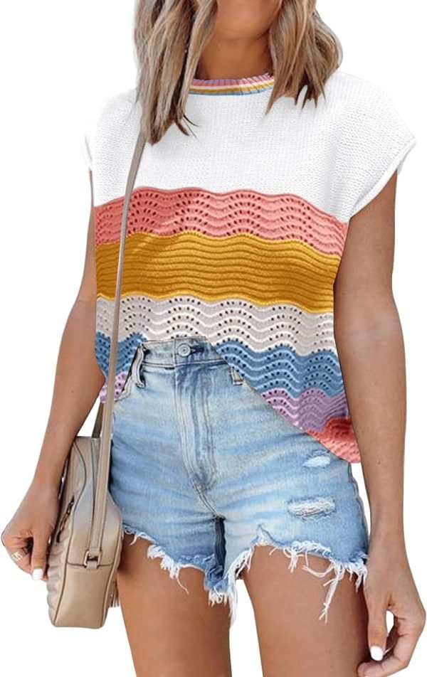 Womens Cap Sleeve Sweater Vest Summer Tops Sleeveless Tank Tops 2024 Trendy Spring Clothes Striped Short Sleeve Shirts