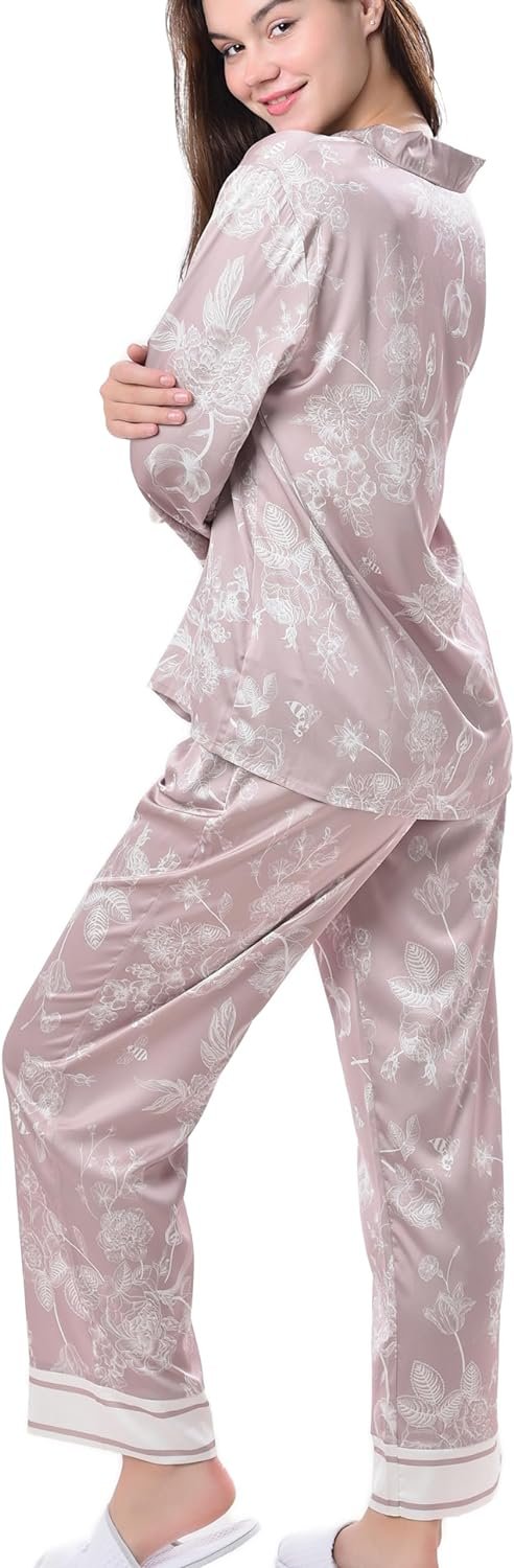 71vfPPHpVrL._AC_SL1500 Women's Silky Satin Pajamas Set Long sleeve and Pants Sleepwear Soft and Comfy Button Down Loungewear Relaxed Fit