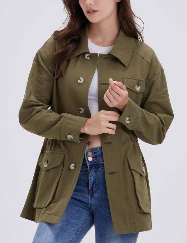 71wmcDFzjqL._AC_SL1500 Women's Military Jacket Lightweight Button Up Utility Drawstring Waist Anorak Coat with Pockets