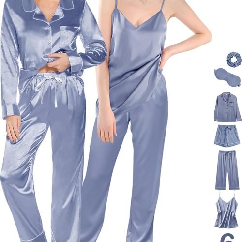 71wpnViD8IL._AC_SL1500 6Pcs Womens Silk Satin Pajama Sets Pj Sets Long Pjs Set Pajamas Sleepwear Camisole Sexy Cami
