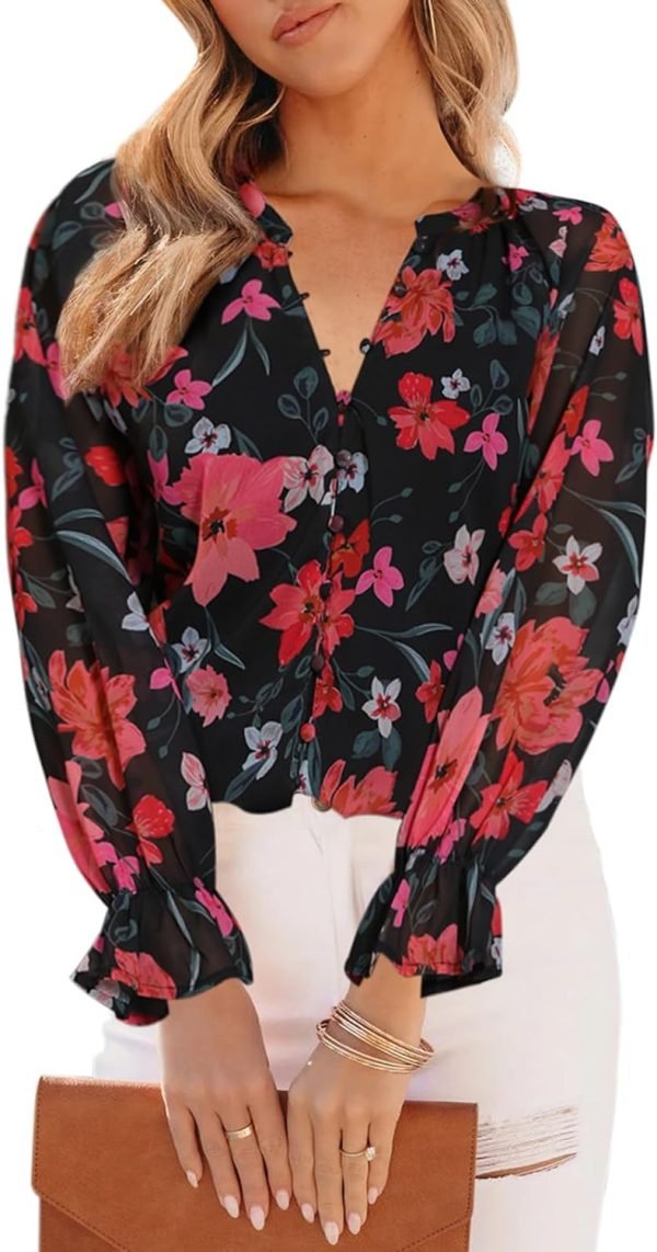 71xIau8ZpaL._AC_SL1500 Womens Casual Boho Floral Print V Neck Long Sleeve Blouses Button Down Shirts Dressy Chiffon Loose Ruffle Tops