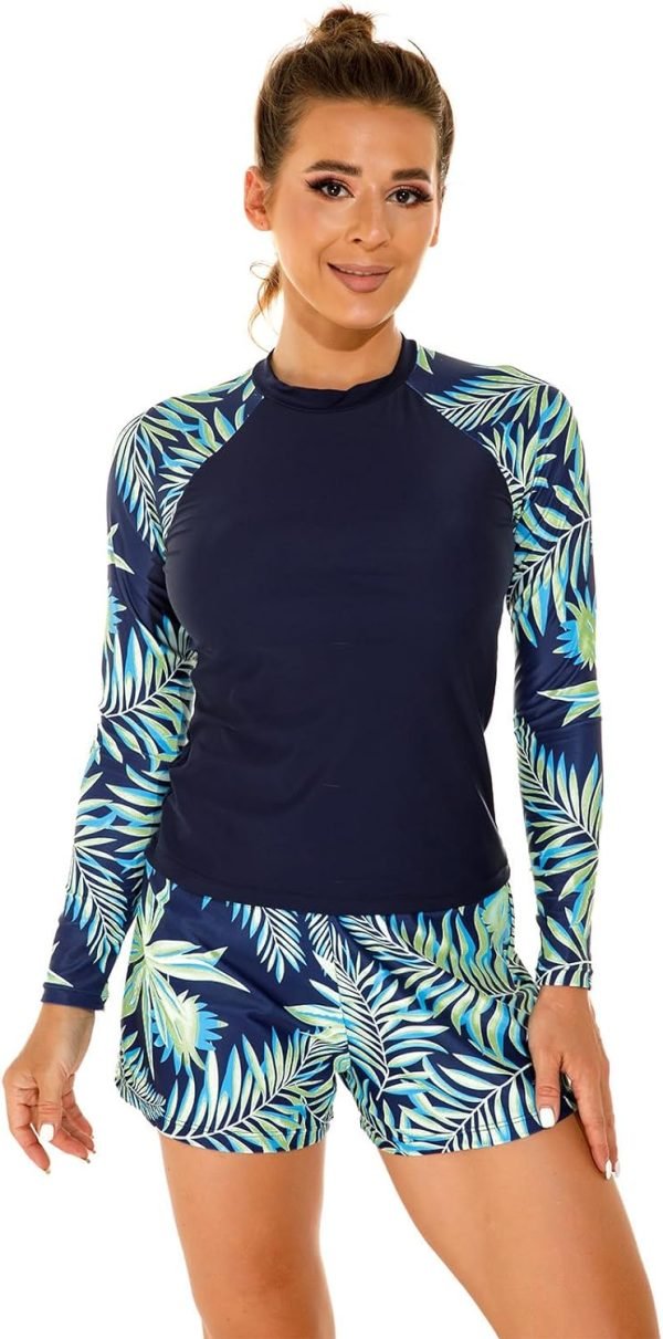 71yJcXiVhXL._AC_SL1500 Women 2 Piece Rash Guard Long Sleeve Swimsuits Swim Shirt with Shorts Set Sun Protection UPF 50+ Surf Bathing Suits