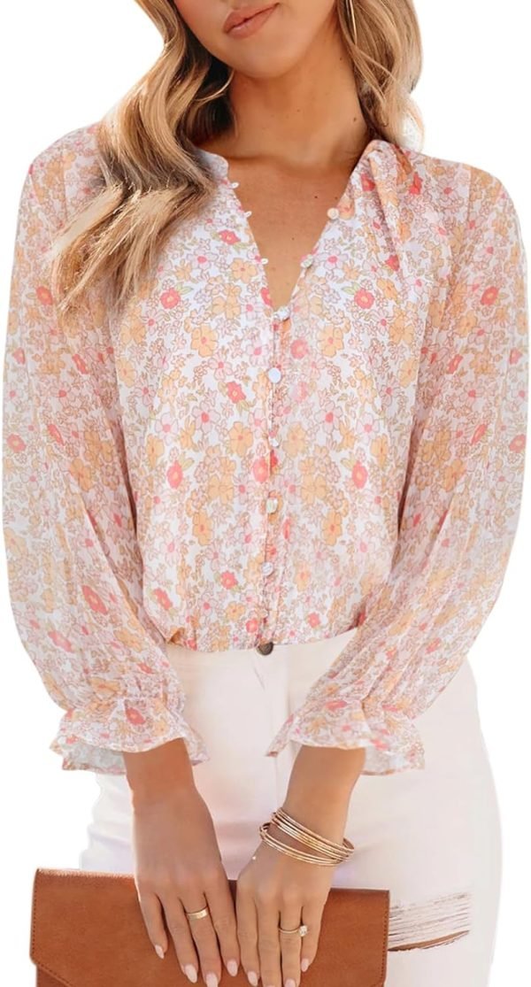 71yM3MTTP-L._AC_SL1500 Womens Casual Boho Floral Print V Neck Long Sleeve Blouses Button Down Shirts Dressy Chiffon Loose Ruffle Tops