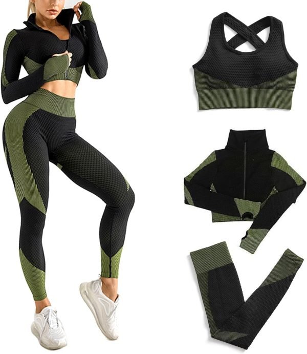 71yhH1pdgJL._AC_SL1500 Women's 3 PC Seamless Gym Clothing Workout Outfit with Jacket Bra & Leggings Set