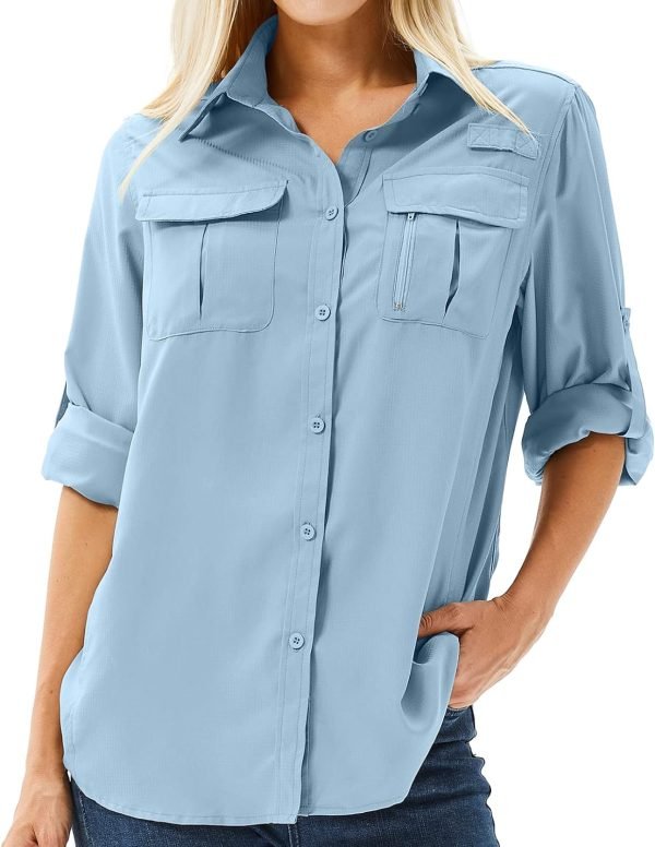 71yldW2kwWL._AC_SL1500 Women's UPF 50+ Long Sleeve UV Sun Protection Safari Shirt, Quick Dry SPF Hiking Fishing Breathable Shirts