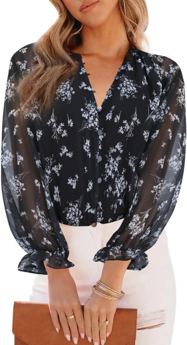 71zIhRKFmzL._AC_SL1500 Womens Casual Boho Floral Print V Neck Long Sleeve Blouses Button Down Shirts Dressy Chiffon Loose Ruffle Tops