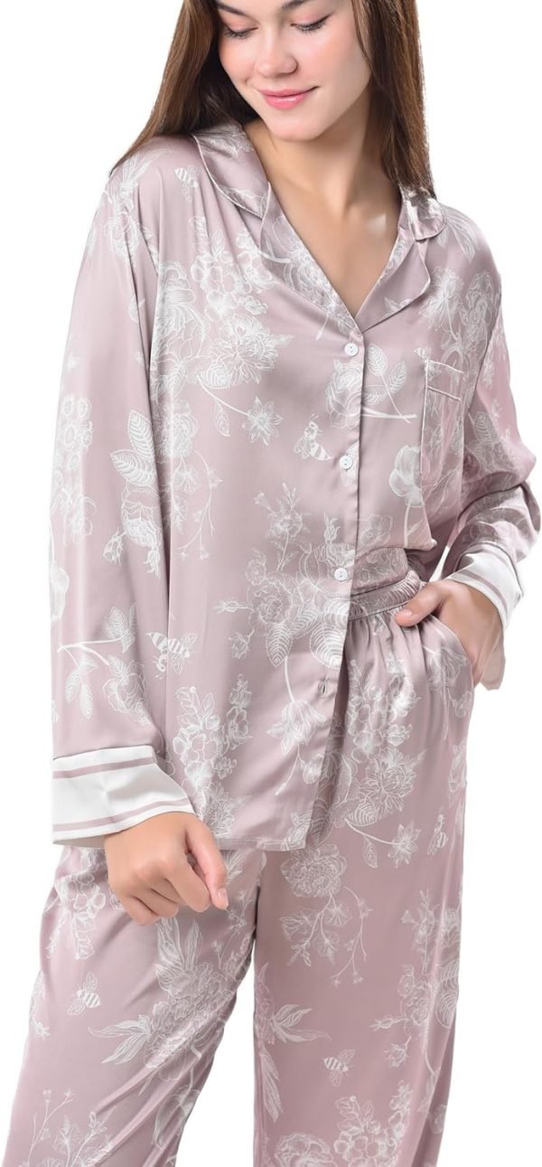 71zzxNnky7L._AC_SL1500 Women's Silky Satin Pajamas Set Long sleeve and Pants Sleepwear Soft and Comfy Button Down Loungewear Relaxed Fit