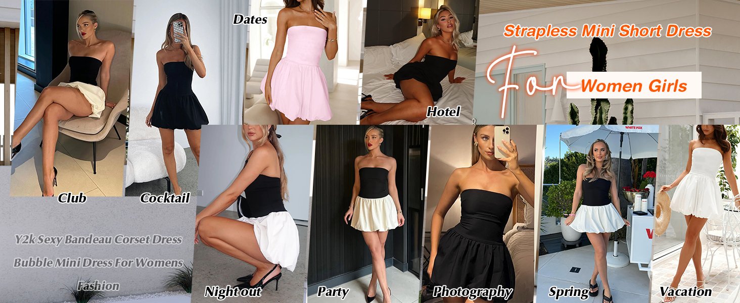 Strapless Tube Top Dress Bubble Skirt Cute Summer Mini Skirt Tube Top Corset Dress Casual