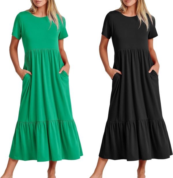 Womens Summer Dresses Casual Short Sleeve Crewneck Swing Dress Casual Tiered t Shirt Dress with Pockets 2024 Trendy Outfits
