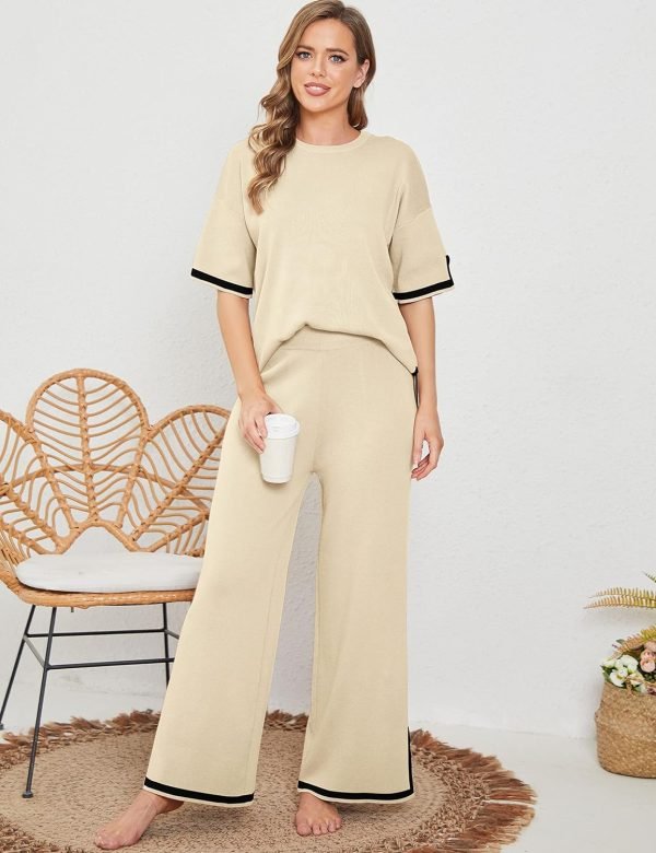 8109r6dNC0L._AC_SL1500 Womens Knit 2 Piece Sweater Sets Short Sleeve Pullover Tops Elastic Waist Wide Leg Pants Lounge Set