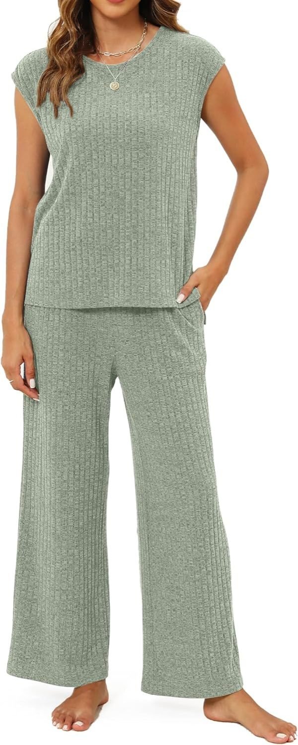 810cluzSGWL._AC_SL1500 Pajama Sets for Women 2 Piece Ribbed Knit Summer Cute Pj Set Comfy Matching Lounge Sets Loungewear Sleepwear